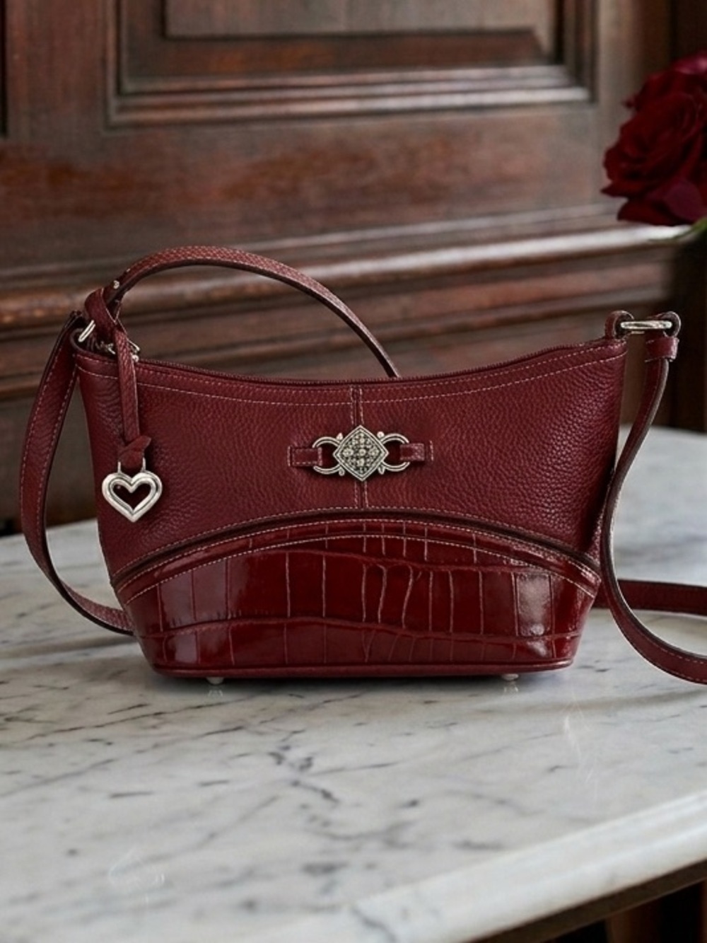 Brighton Small Shoulder Bag Purse Red Leather Hearts with Key Clip